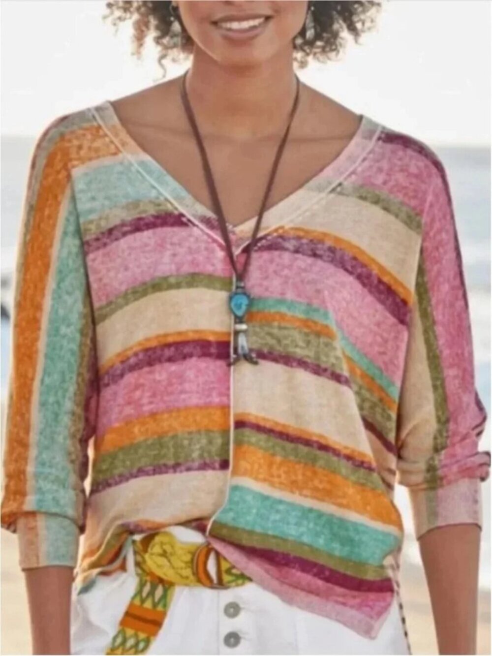 Sundance Johanna Striped V-Neck Sweater L Rainbow Dolman Boho Chic Relaxed